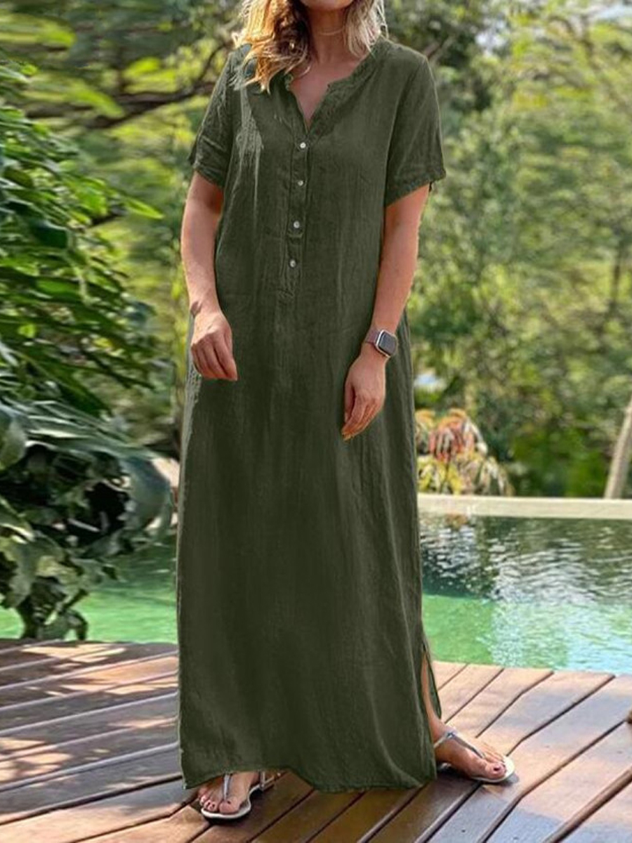 Loose Casual Solid Color Button Round Neck Short Sleeve Maxi Dress