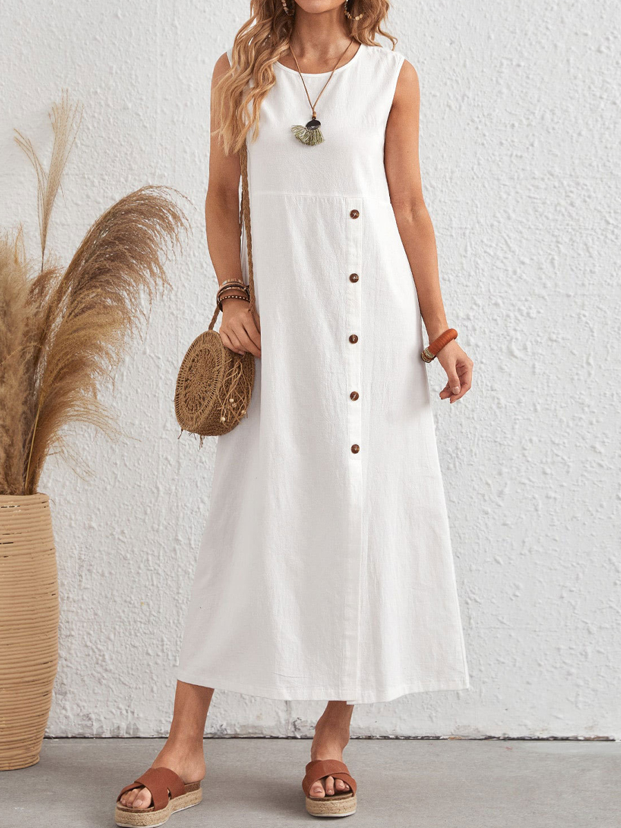 Casual Solid Color Round Neck Button Slit Sleeveless Maxi Dress