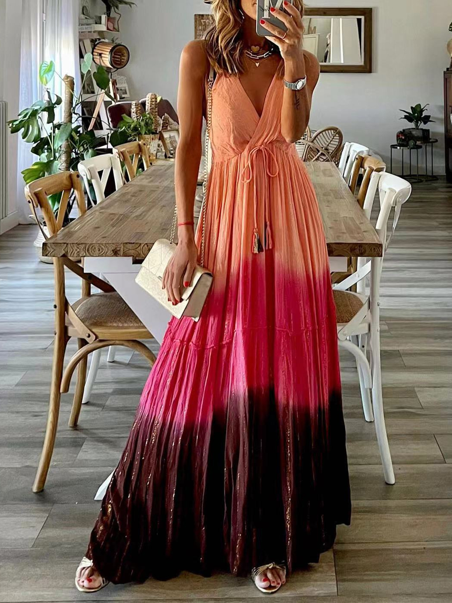 Fashion V Neck Print Sleeveless Lace Up Panel Long Dress