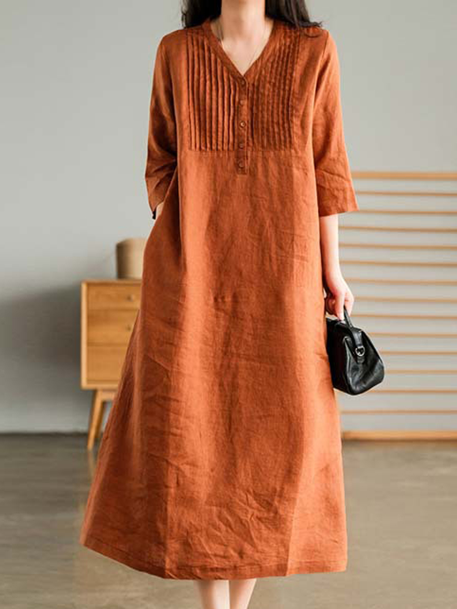 Summer Loose Solid Color Cotton And Linen V neck Dress