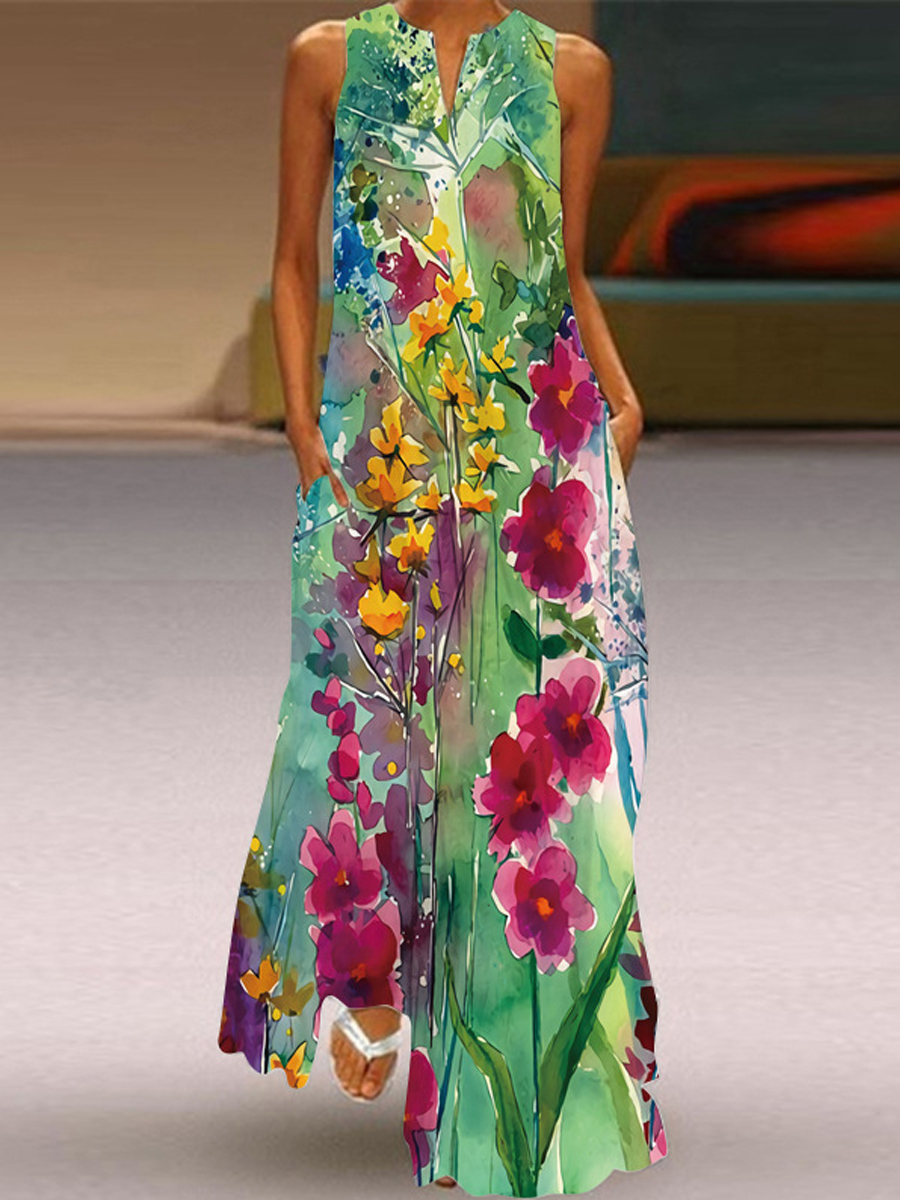 Casual Floral Print V Neck Sleeveless Maxi Dress