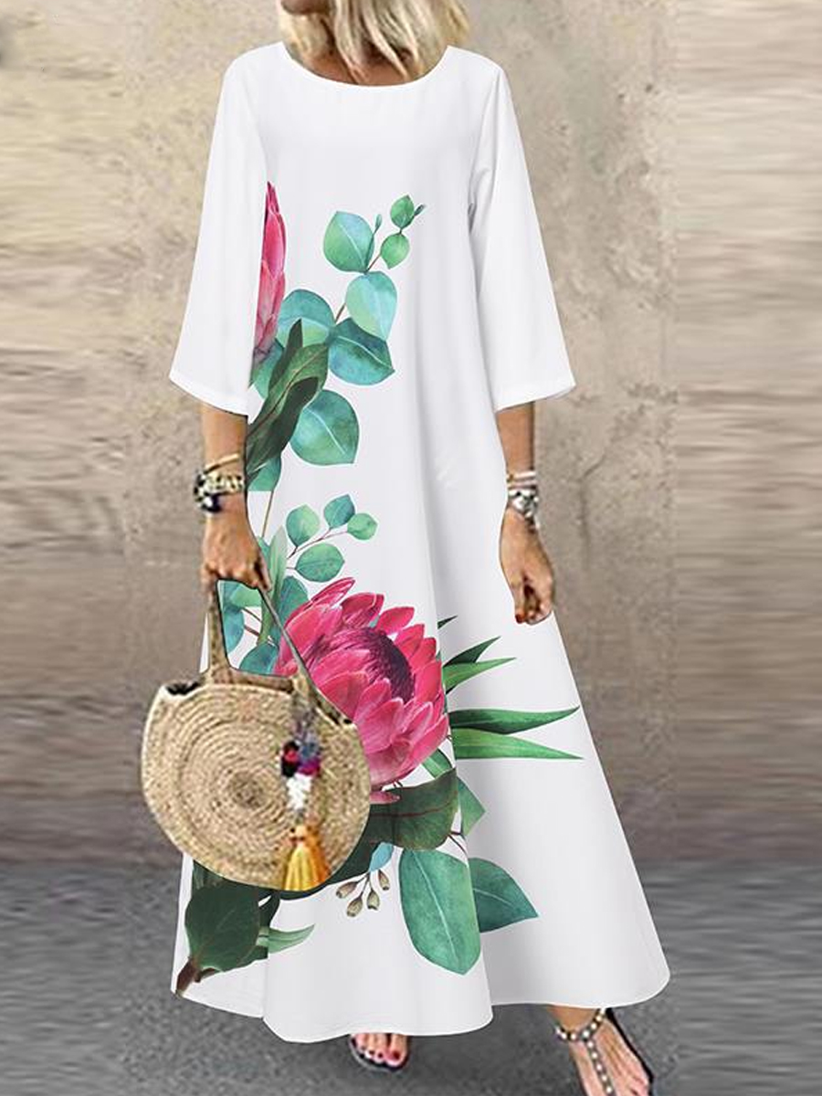 Casual Mid Sleeve Crew Neck Print Dress