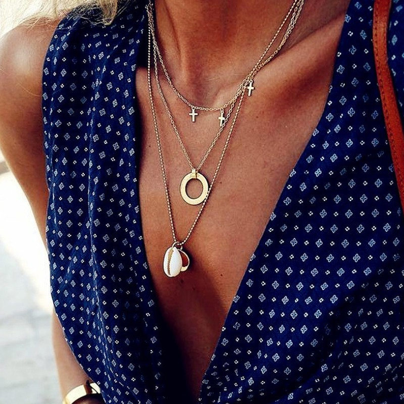 Fashion Casual Cross Disc Shell Pendant Necklace