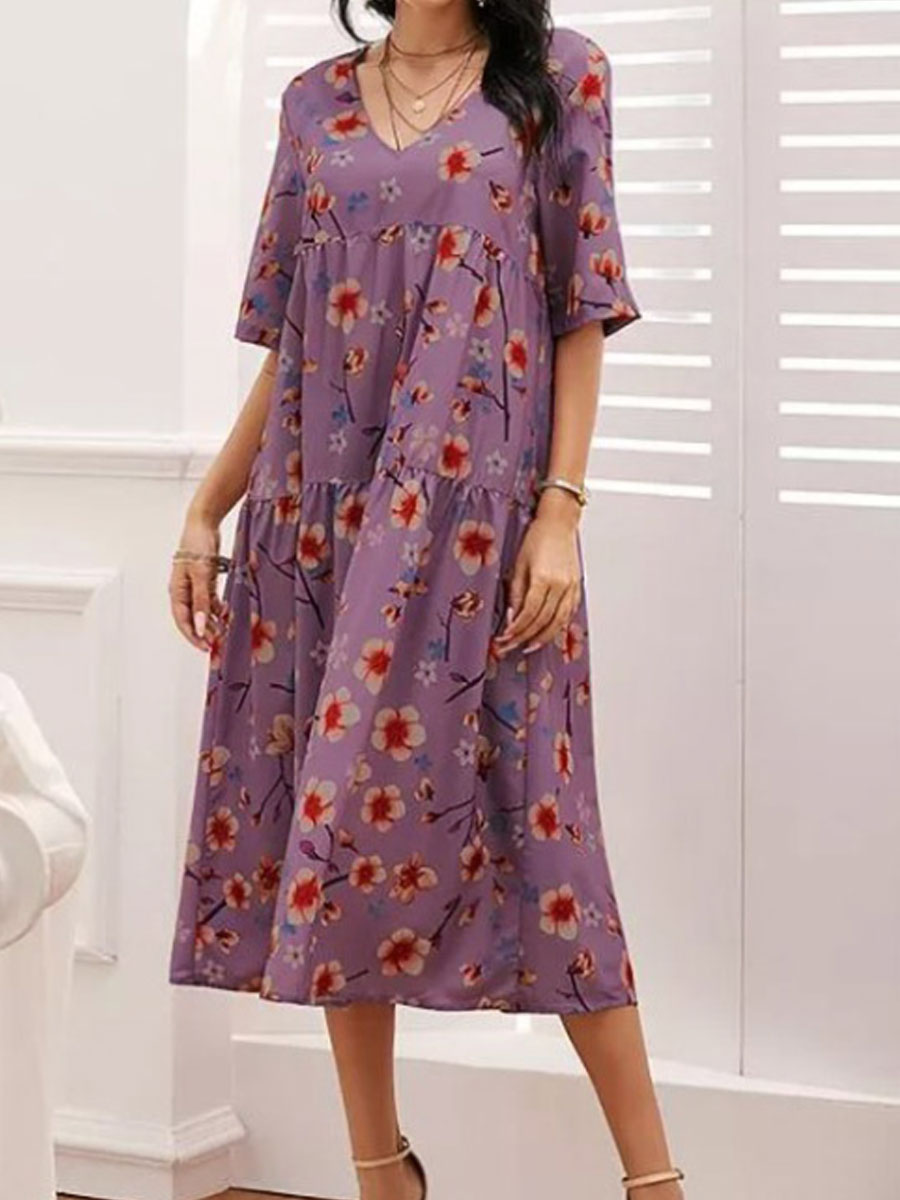 V neck Casual Loose Floral Print Short Sleeve Midi Dress