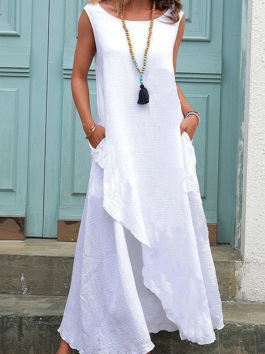 Vintage Solid Color Sleeveless Crew Neck Maxi Dress