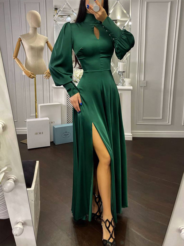 Ladies Elegant New Long Sleeve Satin Waist Slit Dress
