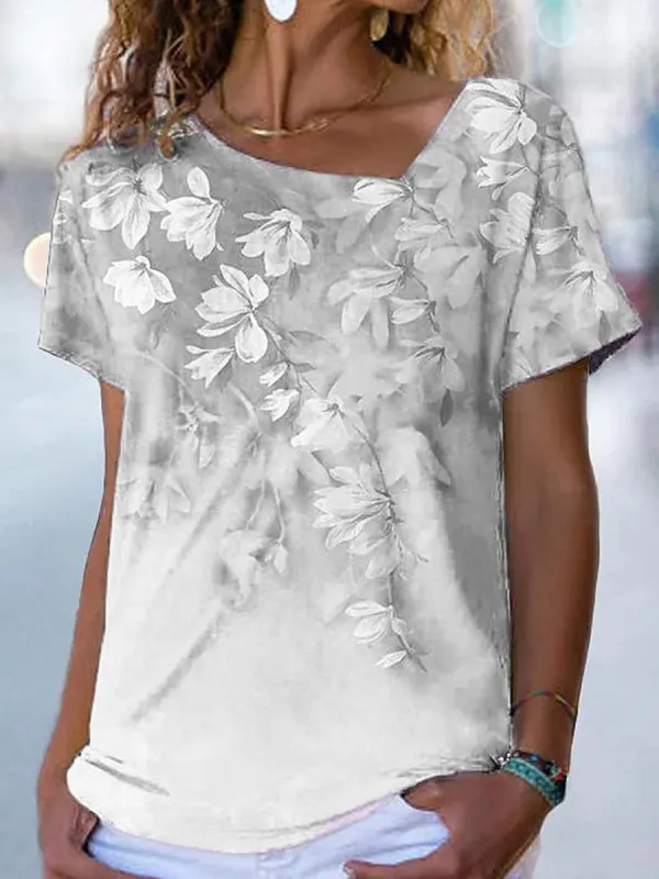Camiseta Casual De Manga Corta Con Cuello En V Y Estampado Floral - Funluc.com 