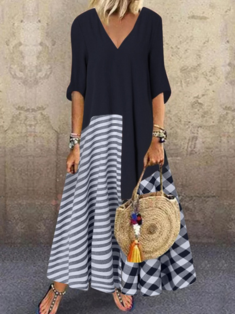 Summer V neck Short sleeved Gingham Maxi Dress