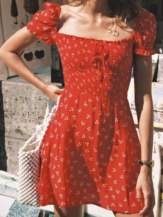 Women's Fashion Sweet Floral Print Square Neck Resort Casual Dress