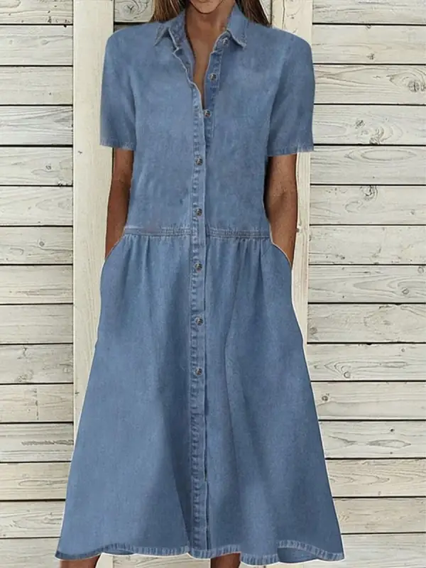 Casual Loose Denim Summer Short Sleeve Midi Dress - Oasisjoy.com 