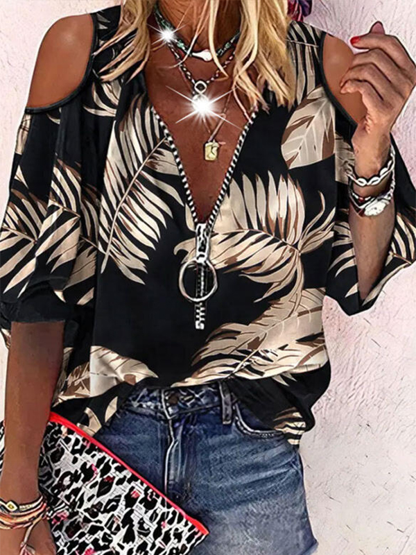 Ladies Casual V Neck Printed Off Shoulder T Shirt