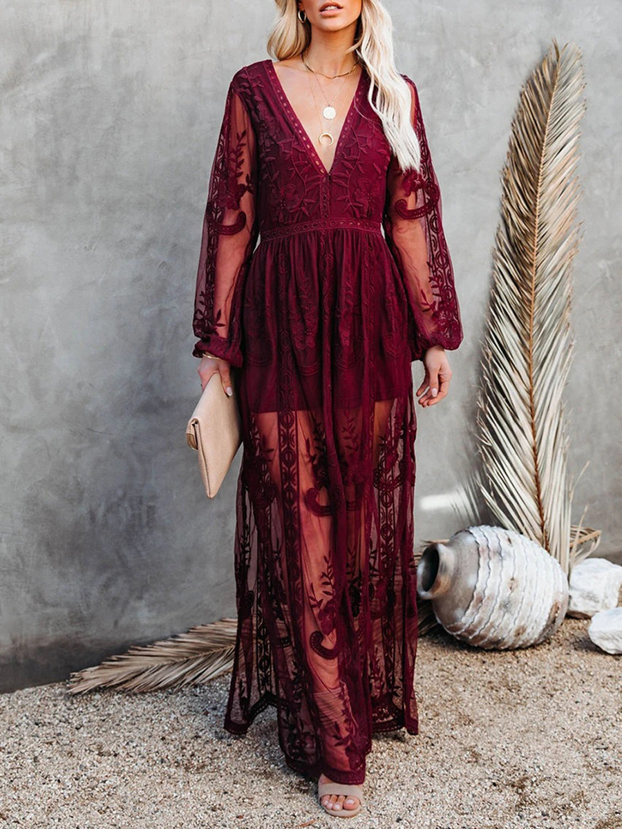 Lace Long Sleeve V Neck Solid Chiffon Dress For Wedding