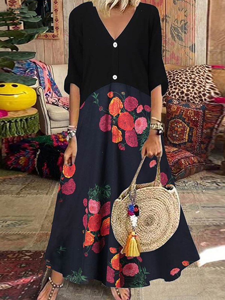 Summer V Neck Short Sleeve Printed Maxi Dress