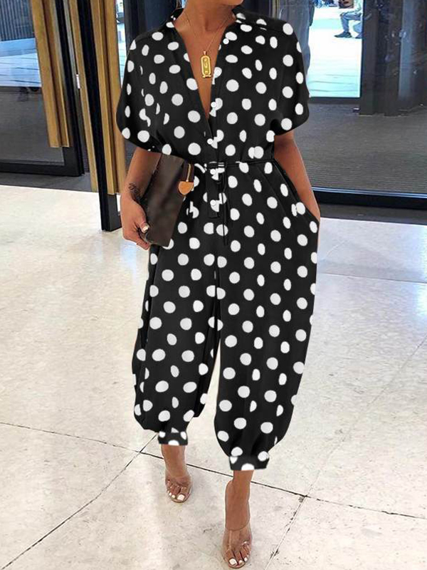 Ladies Vintage Short Sleeve Button Print Jumpsuit