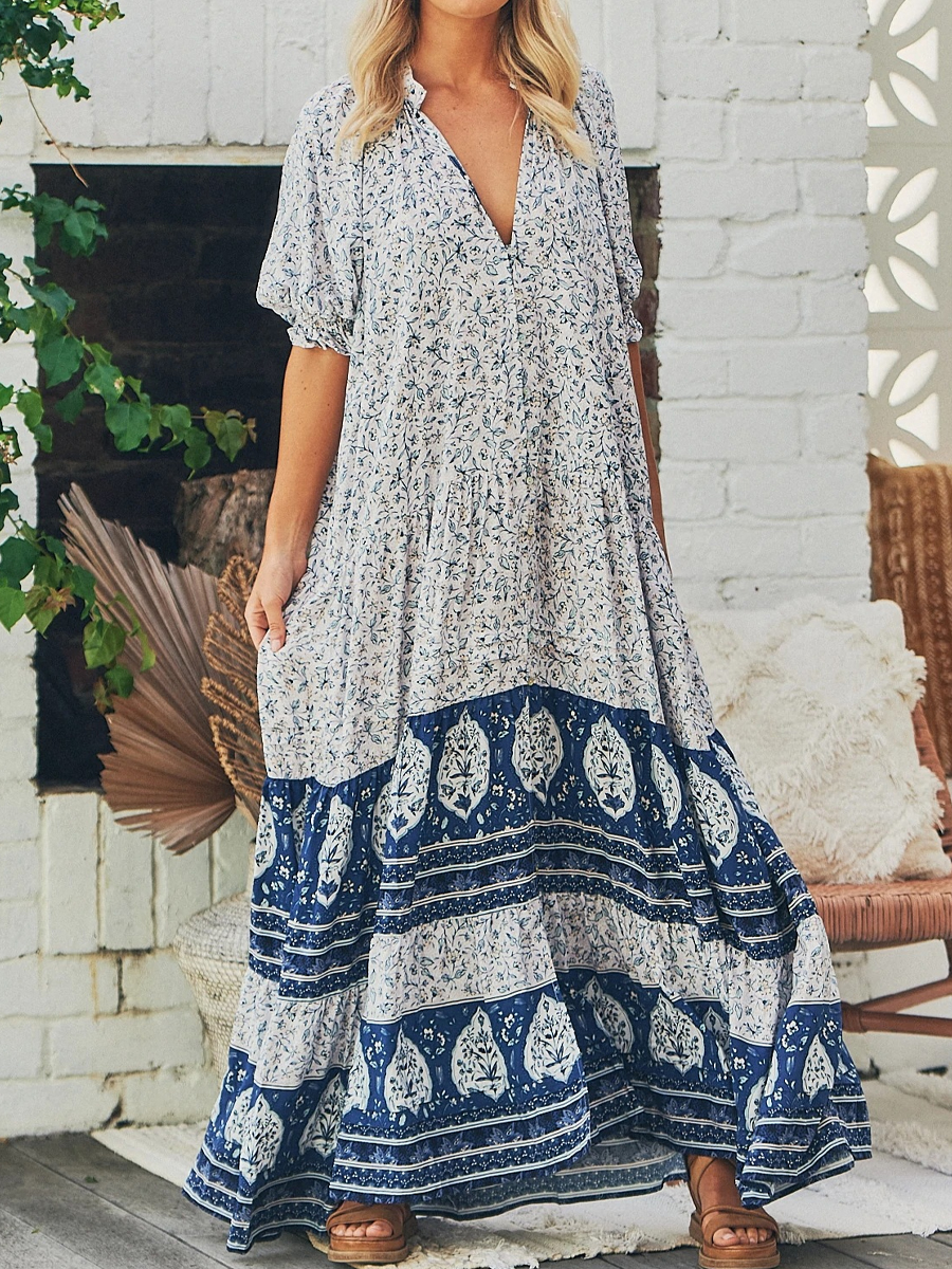 Vintage Loose Ethnic Print V Neck Short Sleeve Maxi Dress