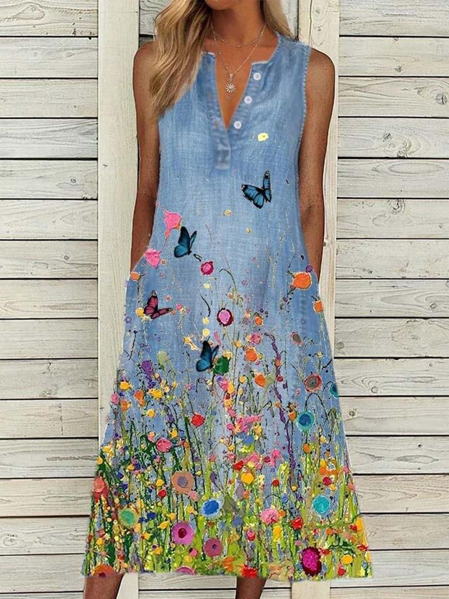 Casual Butterfly Floral Print Chic Sleeveless V-neck Midi Dress