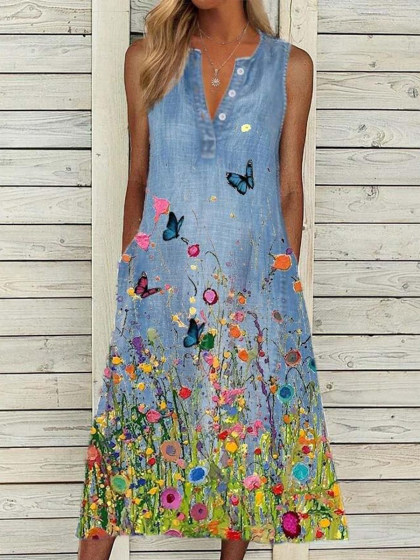 Casual Butterfly Floral Print Sleeveless V-Neck Midi Dress