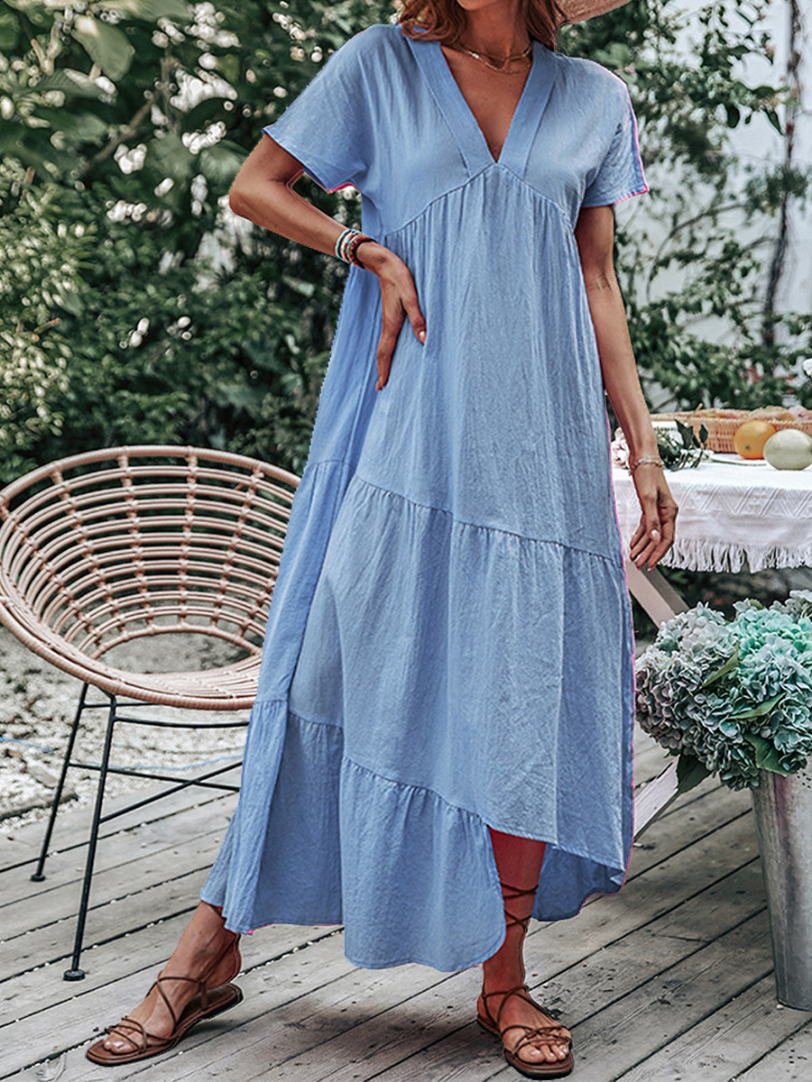 Loose Casual Solid Color V Neck Short Sleeve Irregular Hem Maxi Dress