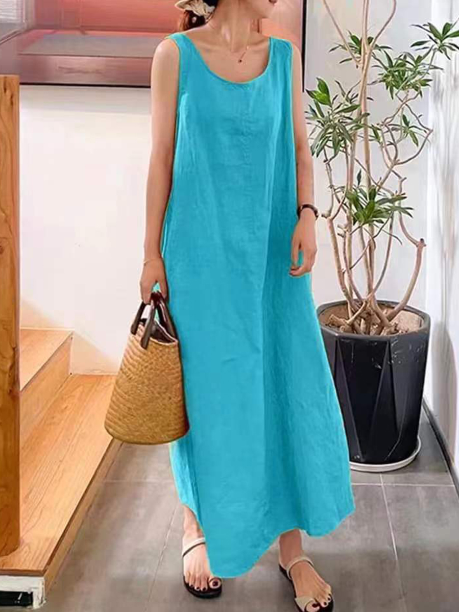 Summer Cotton And Linen Loose Round Neck Sleeveless Dress