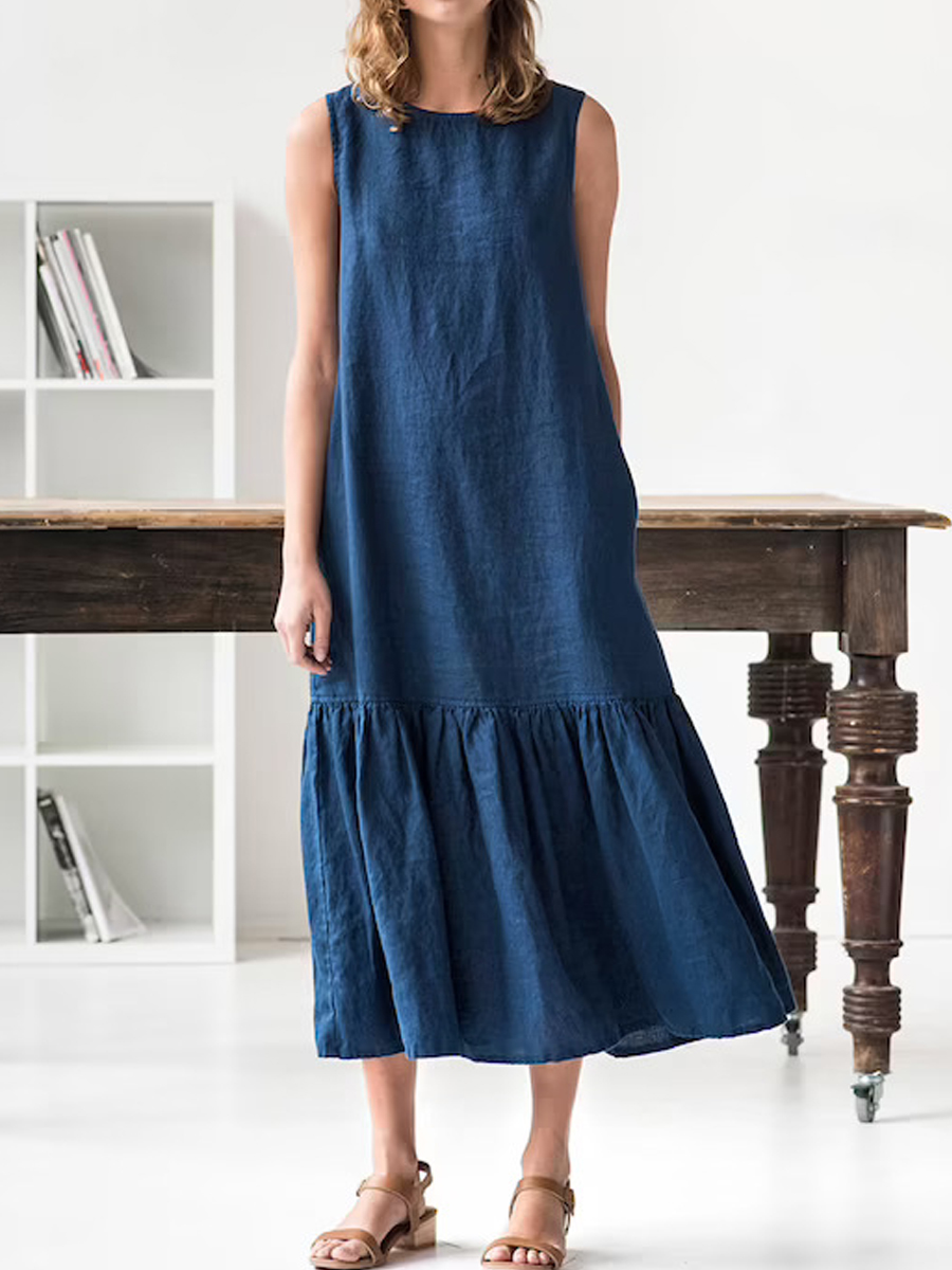 Casual Loose Solid Color Patchwork Sleeveless Midi Dress