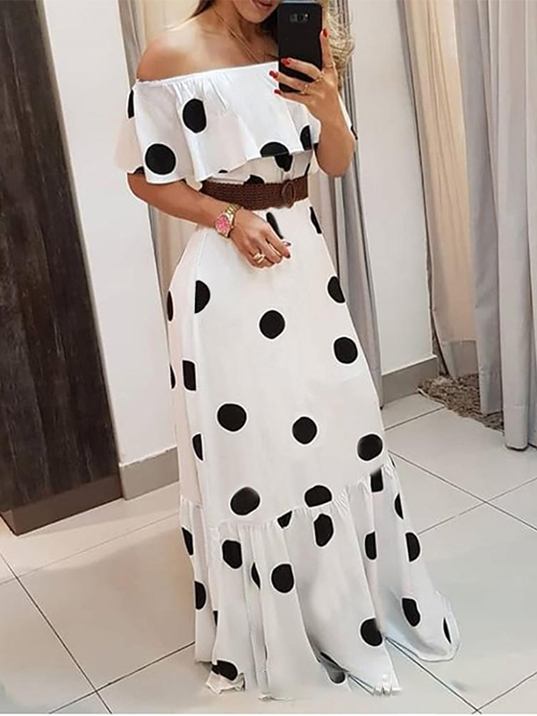 Ladies Elegant One Shoulder Polka Dot Print Dress