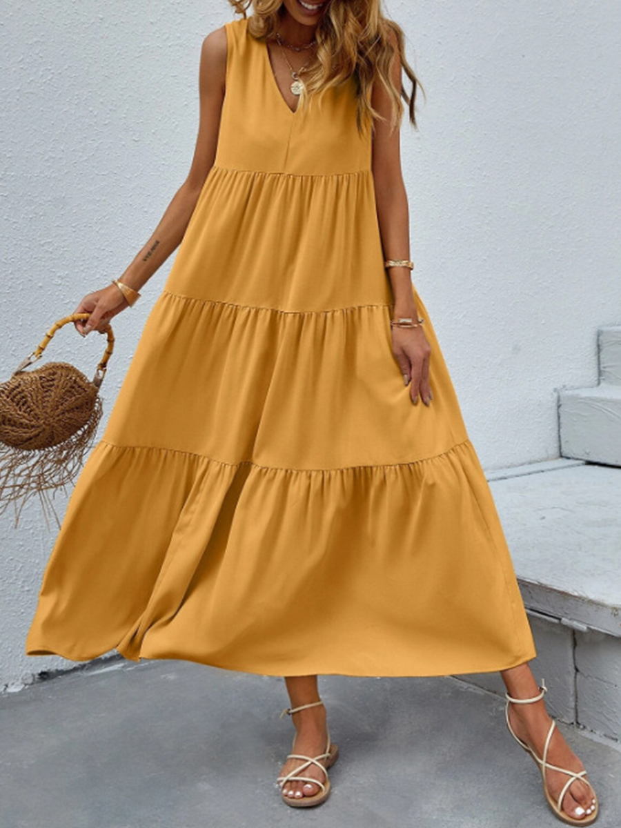 Summer V Neck Solid Color Sleeveless Dress