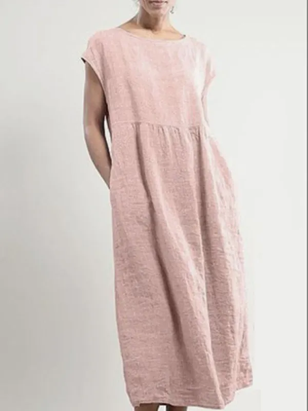 Summer Vintage Cotton And Linen Crew Neck Dress - Oasisjoy.com 