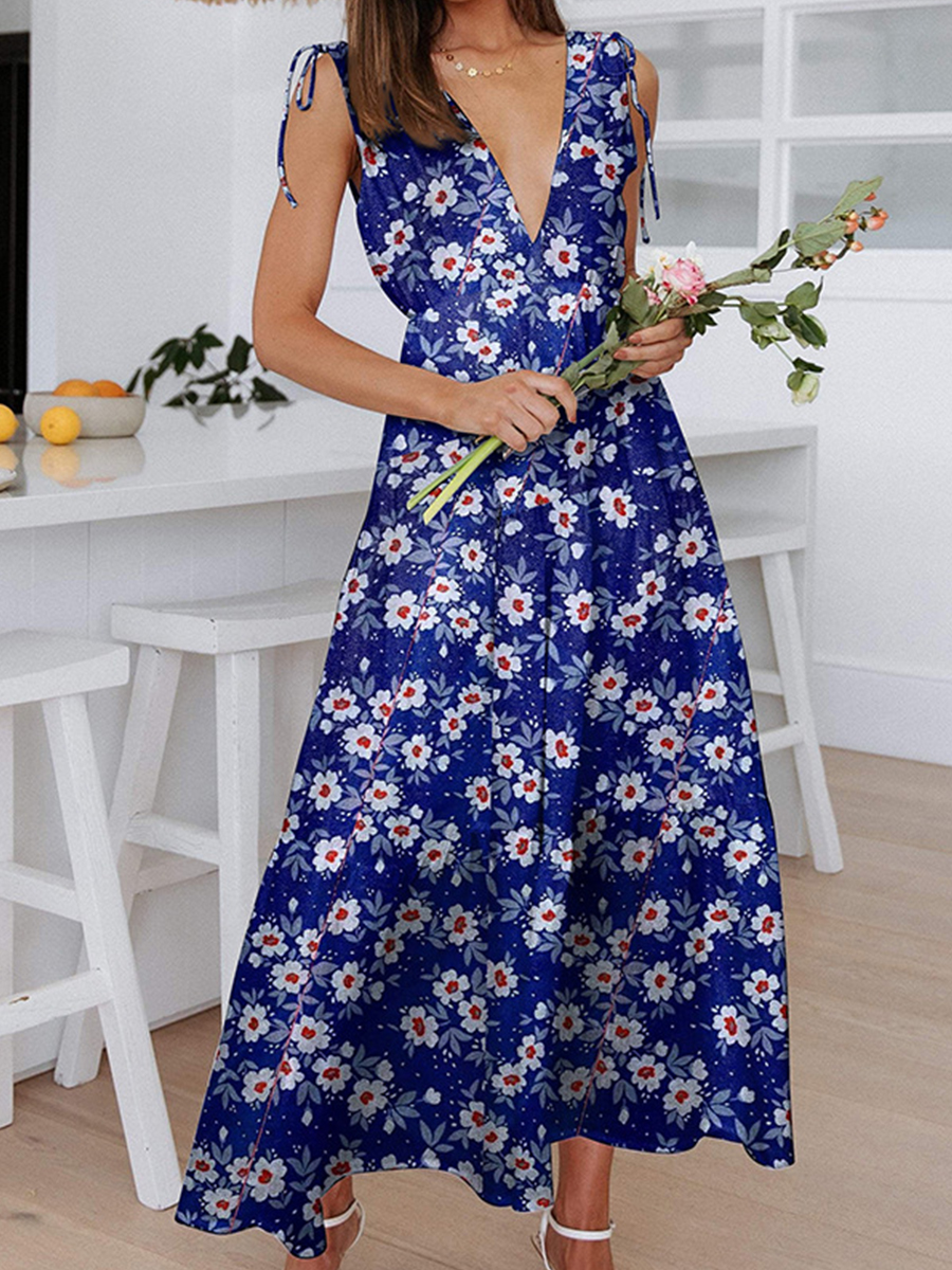 Summer Floral V Neck Sleeveless Dress