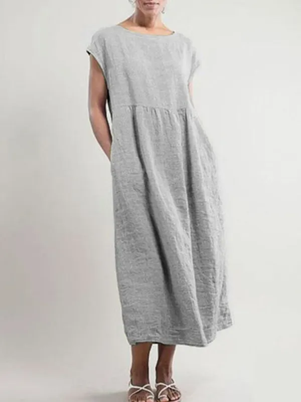 Summer Vintage Cotton And Linen Crew Neck Dress - Machoup.com 