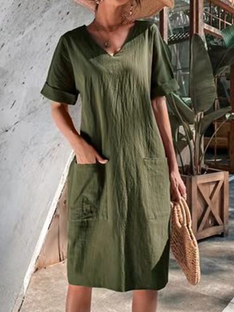 Summer Short sleeved V neck Cotton And Linen Dress