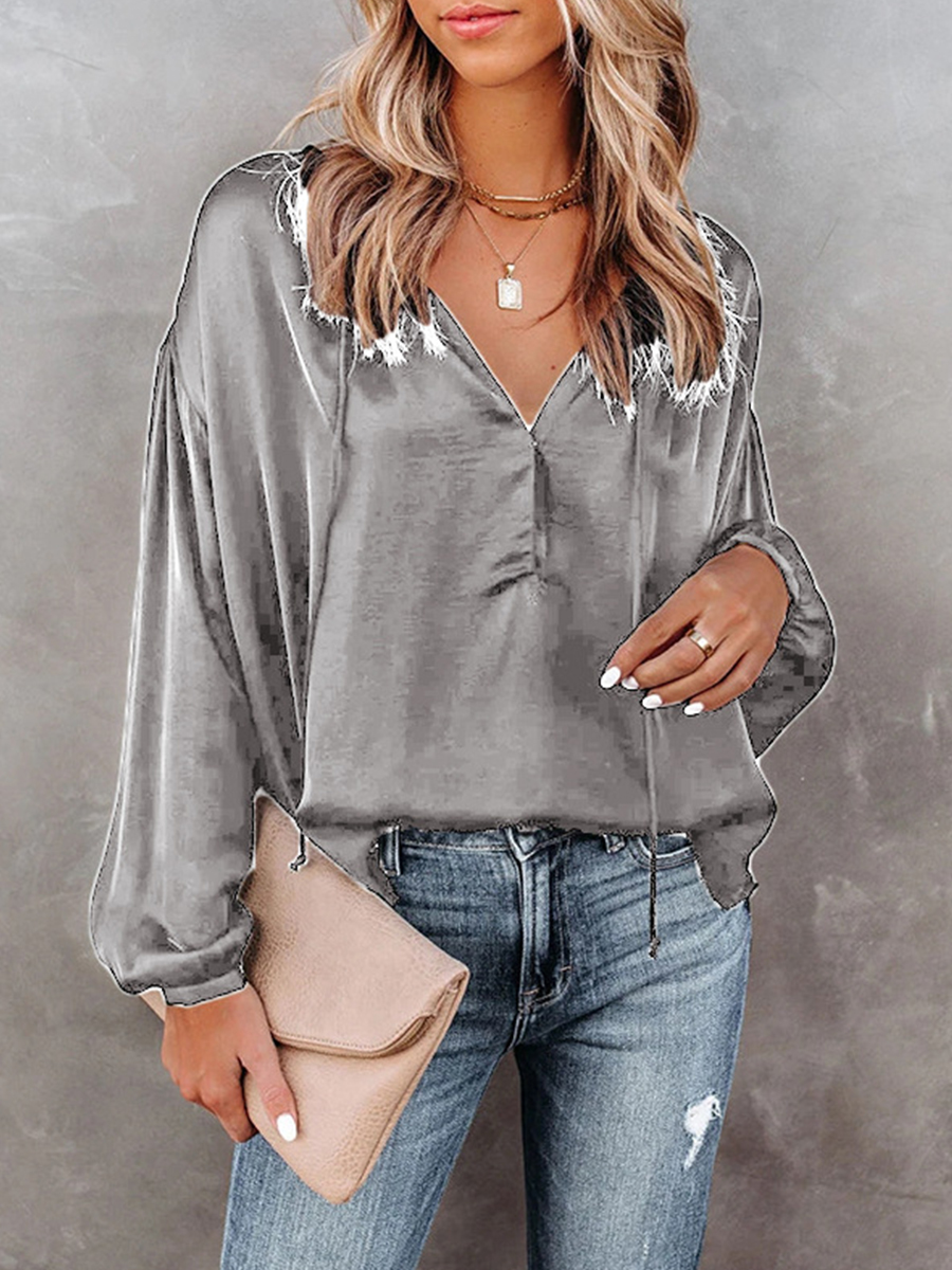 Spring/Summer Solid Color V Neck Flared Sleeve V Neck Casual Blouse