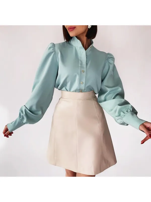 Fashion All-match Solid Color Puff Sleeve Blouse - Minicousa.com 