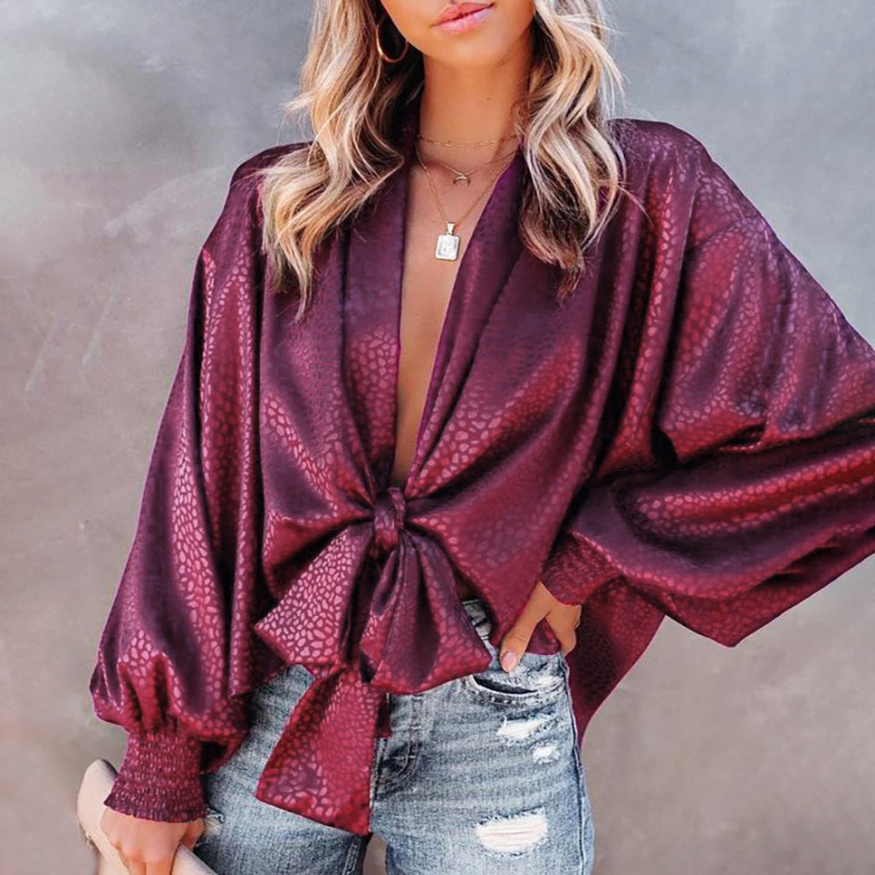Fashion All match Solid Color Tie Blouse