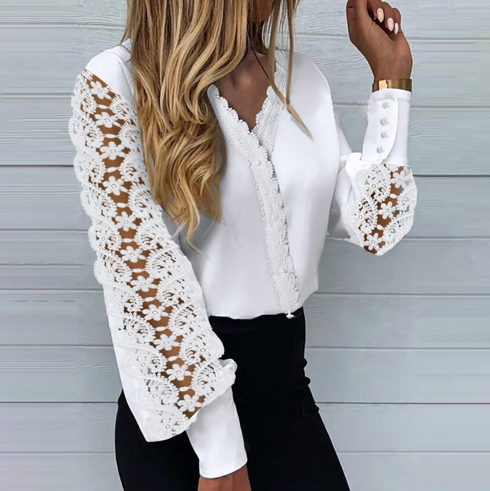 Fashion Lace Stitching V neck Blouse