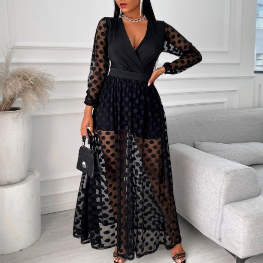 Ladies Elegant See through Polka Dot Long sleeved Dress