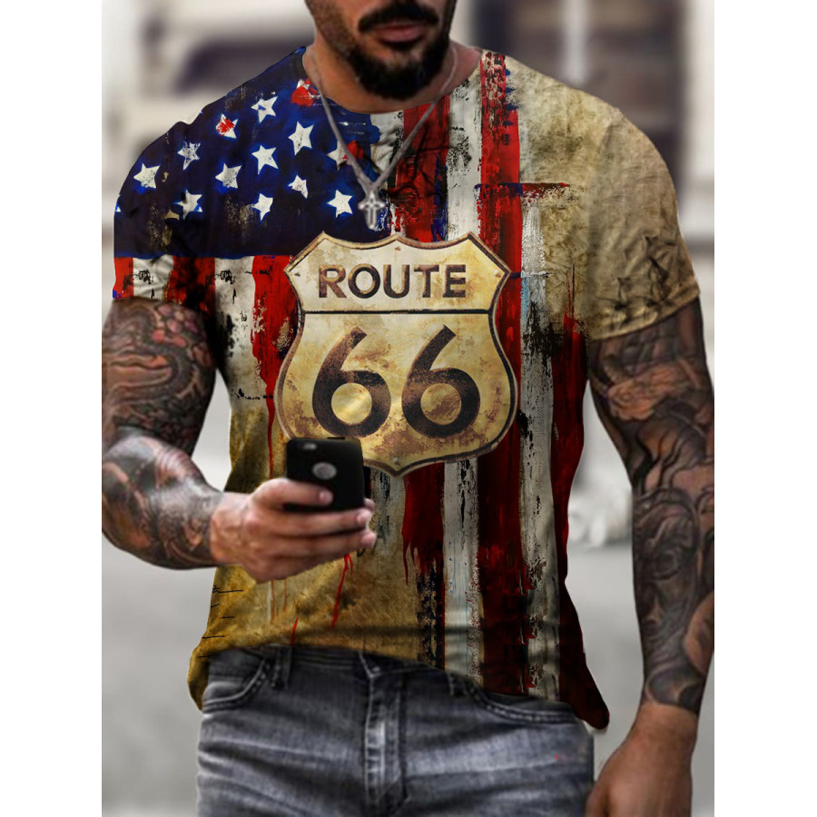 

Rundhalsausschnitt Route 66 Amerikanische Flagge Kurzarmshirts T-Shirts