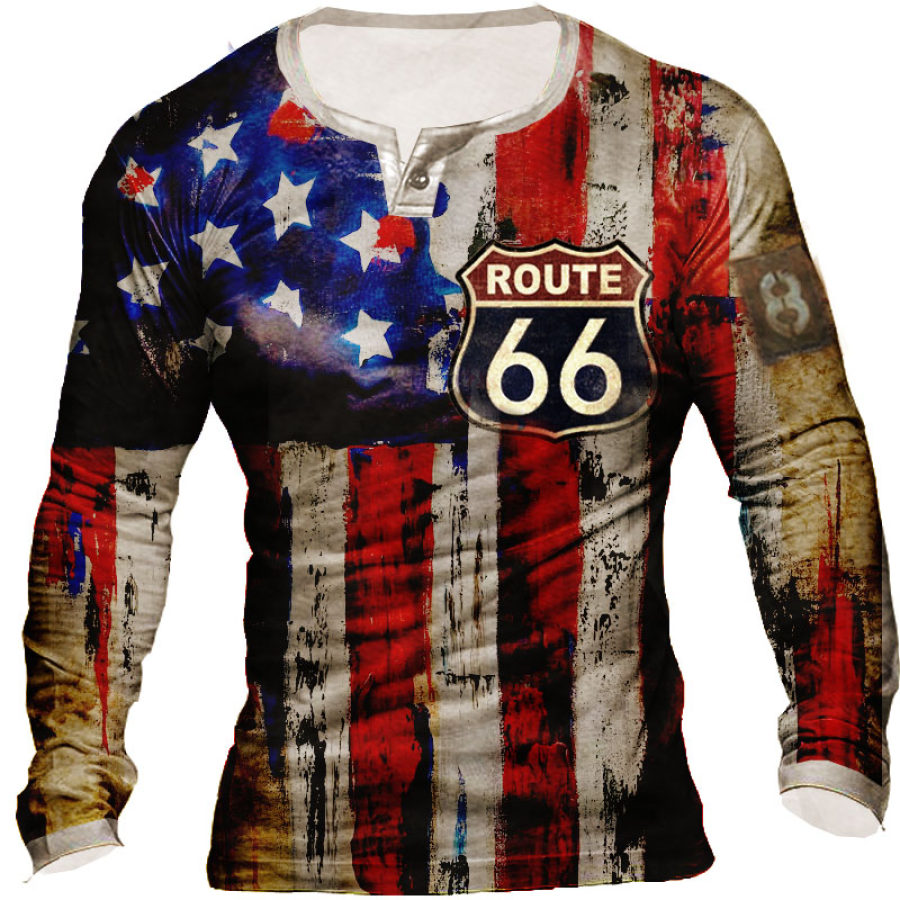 

Men's Vintage Outdoor Flag Road 66 Printed Henley Button Long Sleeve Top