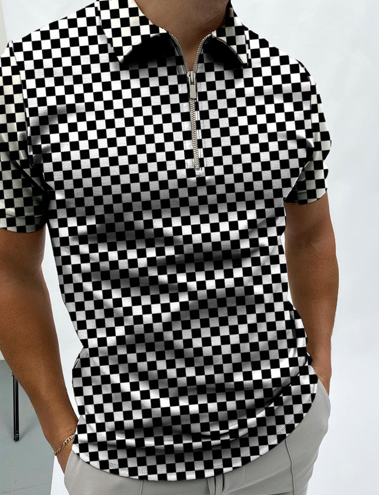 Black And White Check Short Sleeve Polo Shirt