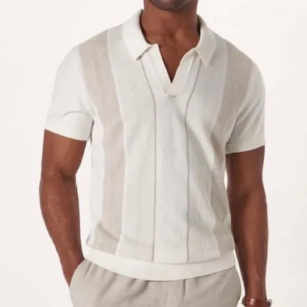Striped Small V-neck Short-sleeved Polo Shirt - Salolist.com 