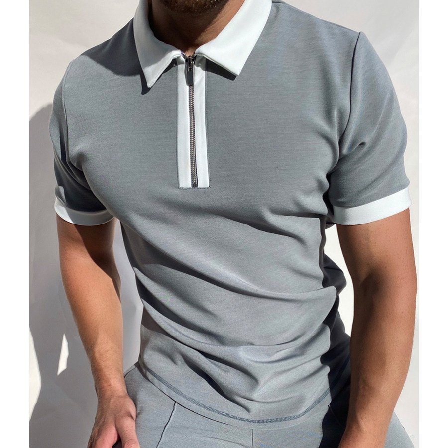 

Solid Color Zipper Polo Shirt