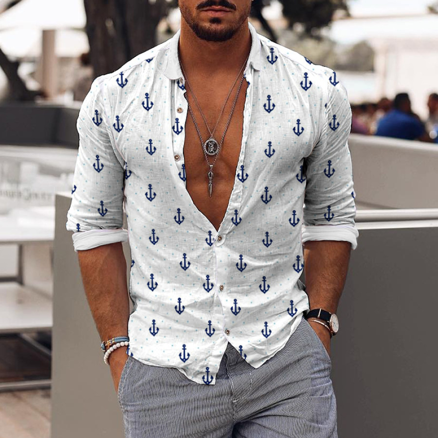 

New Mens Fashion Vintage Anchor Print Casual Shirt