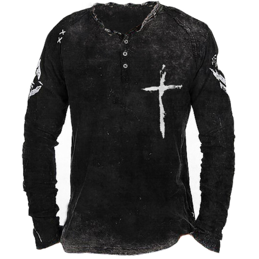 

Men's Cross Print Long Sleeve Henley Shirt