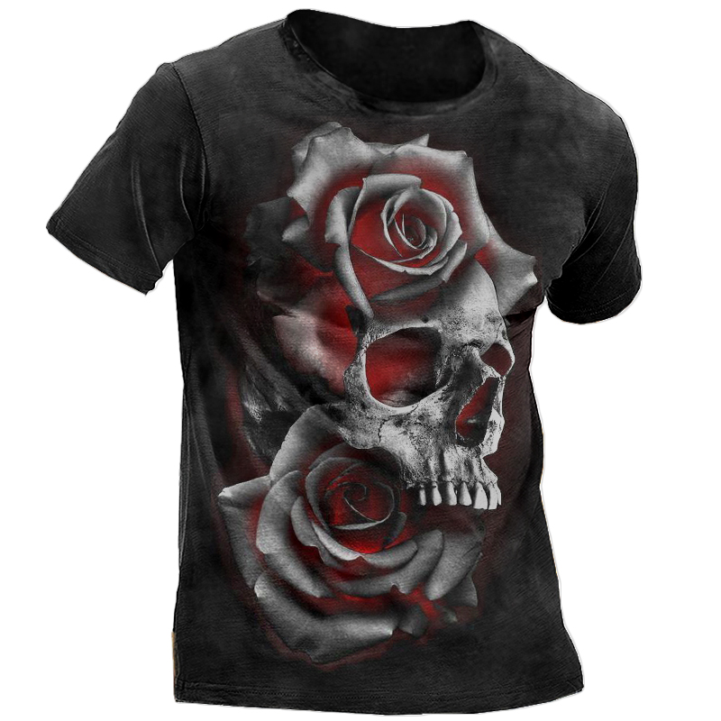 Mens Outdoor Tactical Retro Chic Rose And Skull T-shirt