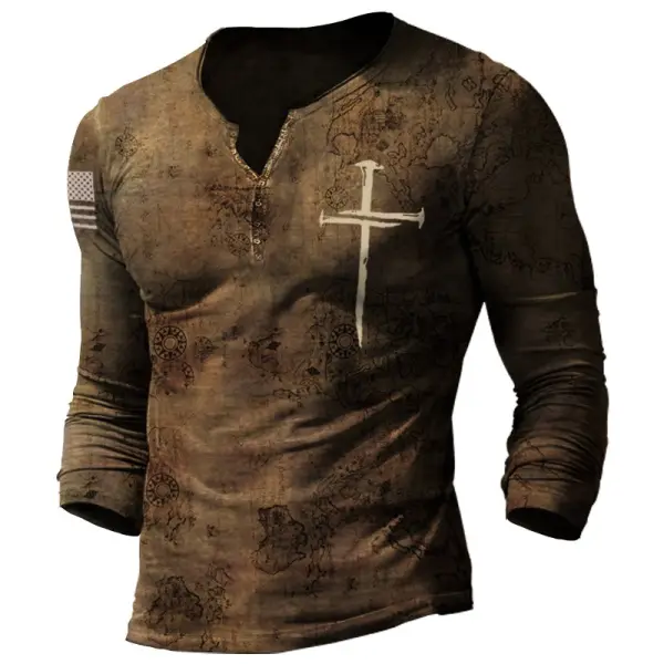 Mens Retro Old World Map Cross Print Henley Long Sleeve Top Only $18.95 ...