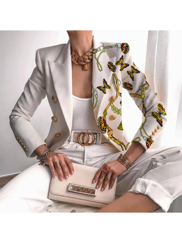 Women's Elegant Half Gold Zipper Print Blazer - Funluc.com 