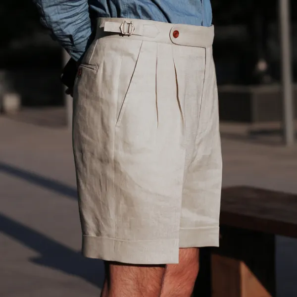 Linen High Waist Loose Double Pleated Shorts - Stormnewstudio.com 