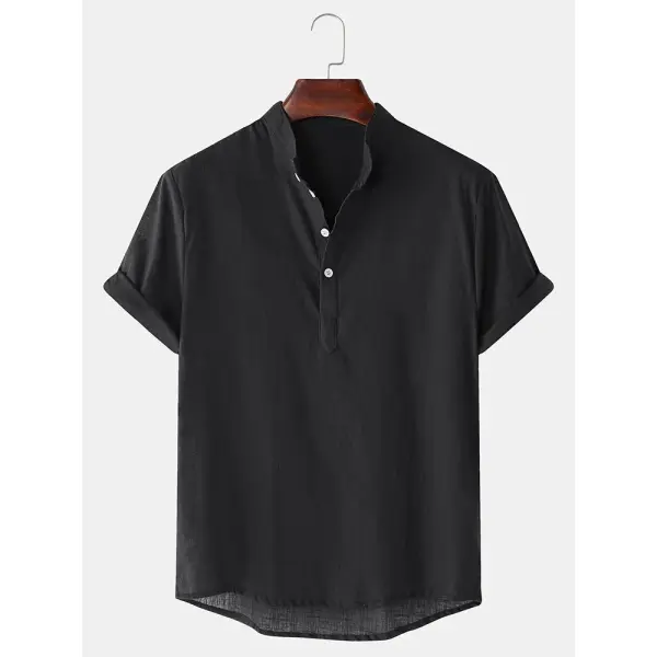 Mens Breathable Flax Stand Collar Short Sleeve Solid Henley - Stormnewstudio.com 