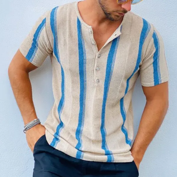 Striped collarless short sleeve polo shirt - Stormnewstudio.com 