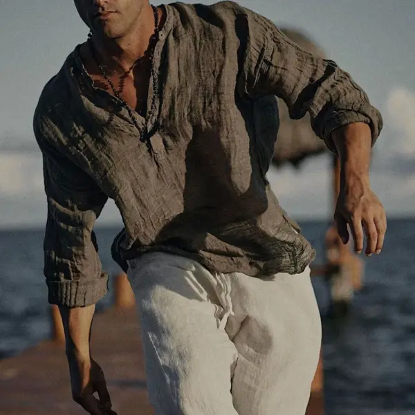 Men's linen half-open collar long-sleeved shirt - Stormnewstudio.com 