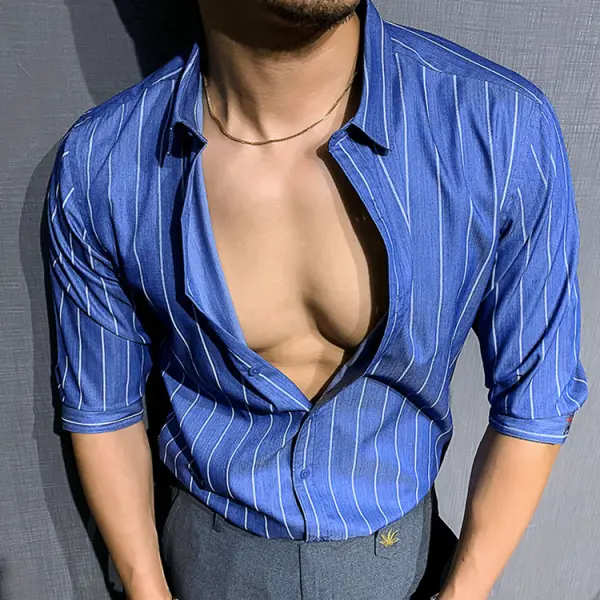 Gentleman elegant vertical stripes half sleeve mens shirt - Stormnewstudio.com 